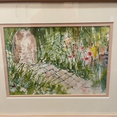 Original Artist Signed Watercolor Pastel Cottage Walkway Flowers Framed Matted