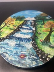 Hand-Painted Oval Landscape. “River Scene autumn days”