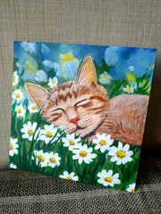 Acrylic painting „Sleeping ginger cat“ daisies grass unique piece new hand