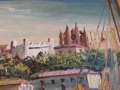 Vintage Original Signed Oil Painting Docked Boats Marina 27.25″ X 18.25″ GC