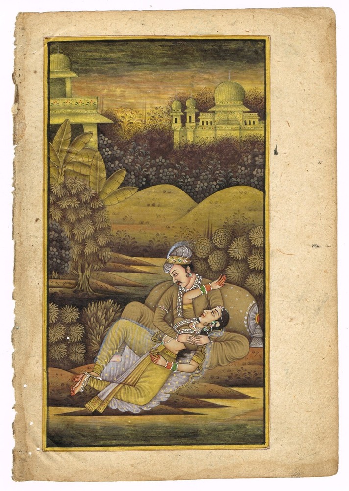 Mughal King & Queen in Romantic Love Scene Art At Garden Painting 5.25×7.5Inches