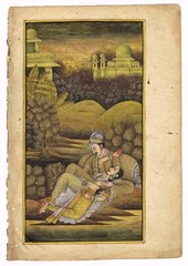 Mughal King & Queen in Romantic Love Scene Art At Garden Painting 5.25×7.5Inches