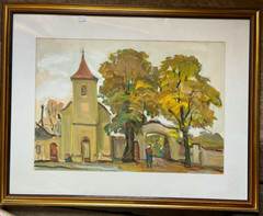 ::CHURCH AUTUMN CHURCH HALLWAY PAINTING FRAME SACRED BUILDING ANTIQUE 1950 VILLAGE CHURCH PORTAL