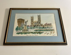 Original Watercolor Montreal Cityscape Notre Dame Church Artist Signed 1974