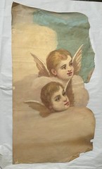 Antique 19c Oil on Canvas Painting of Cherub Church Murals Ceiling Chapel Panel