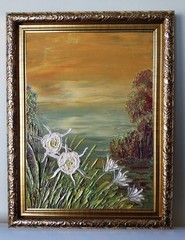 Framed Lowcountry Landscape Spider Lily River Sunset 6×8” Oil Painting Original