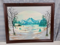 Bob Ross Style Original Oil Painting Mountains And River Signed 18.5 x 22.5 In
