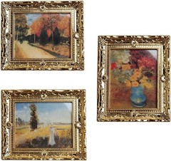 3Pcs 1:12 Mini Miniature Gold Frame Art Wall Picture Oil Painting Home Decor