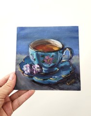 Blue Cup and Saucer with Tea Original Oil Painting 6×6 OOAK Signed Still Life