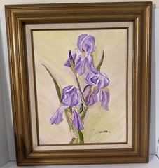 Original Vintage Painting Of Purple Irises-Matted & Framed-Signed
