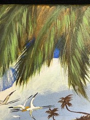 Vintage Nautical Beach Coastal Landscape Painting Seagulls Boat Dock Palm Trees