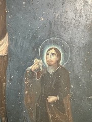 19th Century Retablo Antique Mexican Oil on Tin Painting Crucifixion of Christ