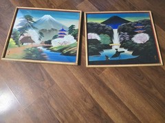 2 Vintage Chinese Waterfall Mountain Paintings on Silk Glass Bamboo Wood Frames