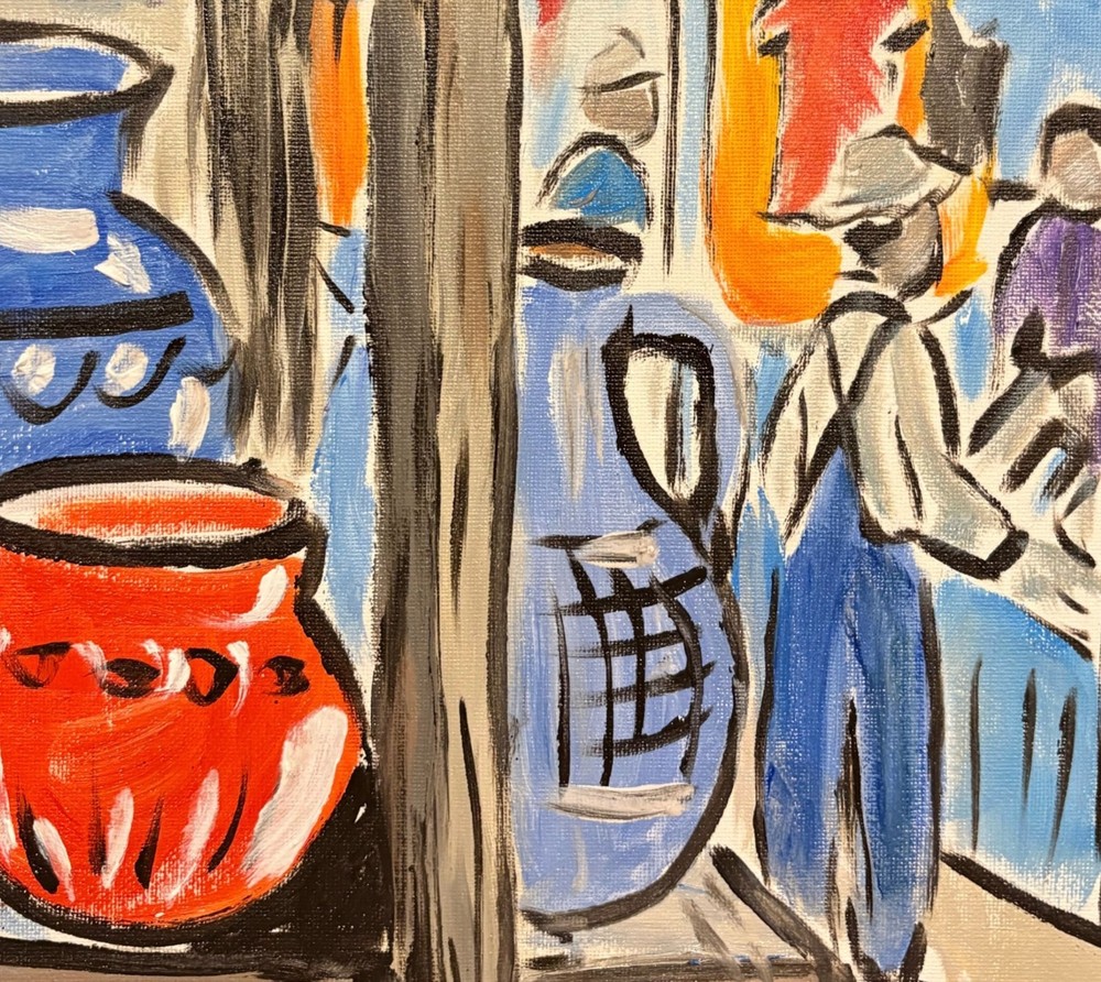 Original Pottery Market Painting 11×14 Acrylic Canvas Street Scene Artwork