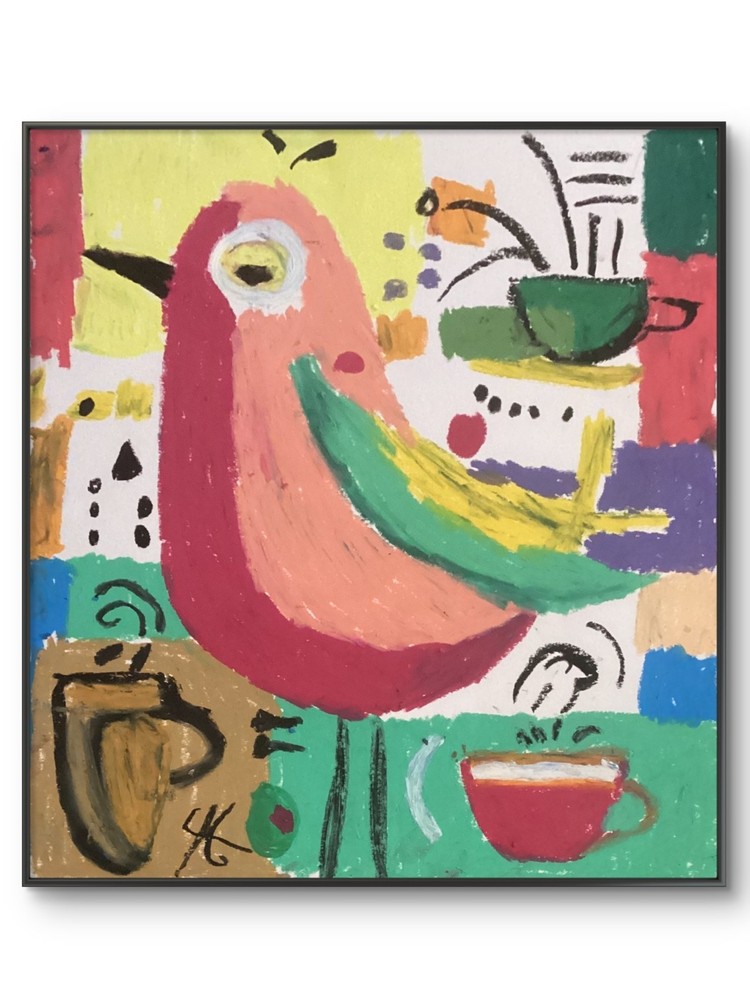 Abstract Minimalistic Coffee Colorful Expressionism Pink Bird Art 11×14 on Paper