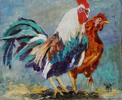 YARY DLUHOS Rooster Chicken Hen Bird Barnyard Farm Animals Original Oil Painting