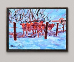 Original Abstract Winter Cows 11×14 Impressionist Painting Acrylic Canvas Signed