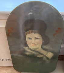 Antique Convex Crayon Portrait Woman Metal Sheet c.1900 Identified Note History