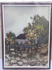 R.VILLEGAS MID CENTURY MODERN ORIGINAL OIL PAINTING IN HEAVY WOODEN FRAME 27,5″