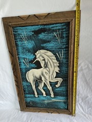 Vintage 1970s BLACK VELVET UNICORN PAINTING FRAMED Art 23×14 3/8