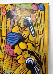 Vintage Signed JEAN Haitian Market Folk Art 23×19 Oil Painting on Cloth Canvas