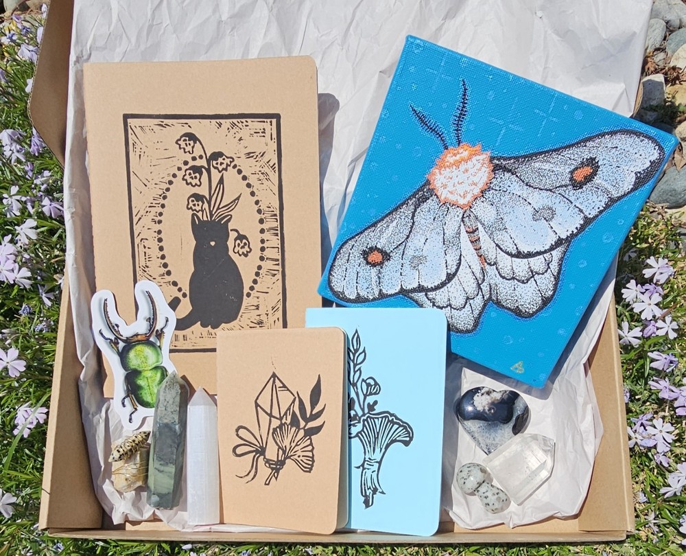 Original Art Moth & Cat Crystal Gift Bundle| Acrylic Canvas| Hand Stamped Art