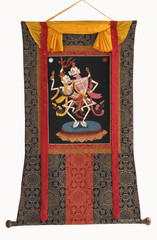 CITIPATI DANCING SKELETONS HAND-PAINTED TIBETAN THANGKA ART WITH SILK BROCADE