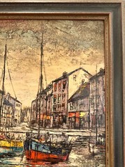 Vintage MCM Boats In Harbor Town Oil Painting 28 1/2″ x 25″