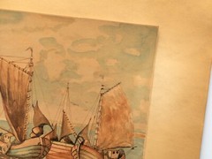 Fishing Boats, Antique Watercolor, European/Turkish, Signed Illegibly