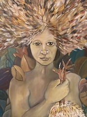 Vntg Folk Art Portrait Woman Holding Chicken Legs 23” X 18” Acrylic On Wood