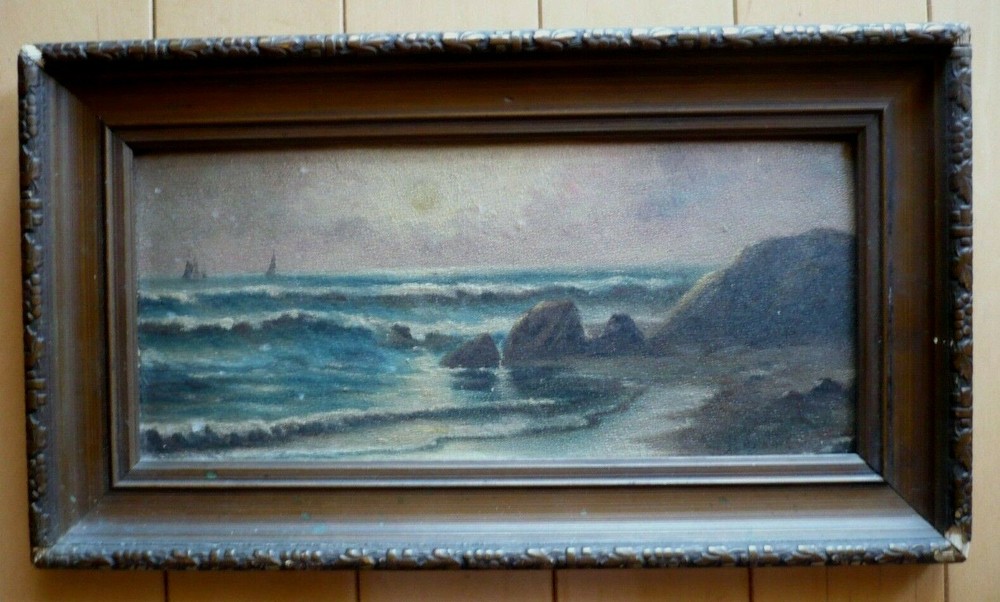 B. ADAMS, ANTIQUE COASTAL COAST SEASCAPE NOCTURNE MOONLIGHT SEA OLD OIL PAINTING