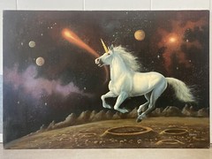 🔥 Fine Vintage Fantasy Magical Unicorn Horse Outer Space Oil Painting, 1970s