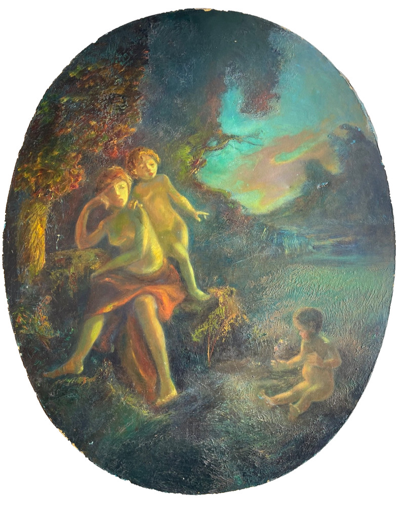 1850’s French Romantic Antique Oil Canvas – Allegory of Motherhood in Landscape