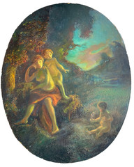 1850’s French Romantic Antique Oil Canvas – Allegory of Motherhood in Landscape