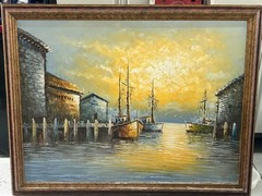 Vintage N. Weston Oil Painting Boats Harbor Ocean Gallery 54″‚ X 42″ Signed
