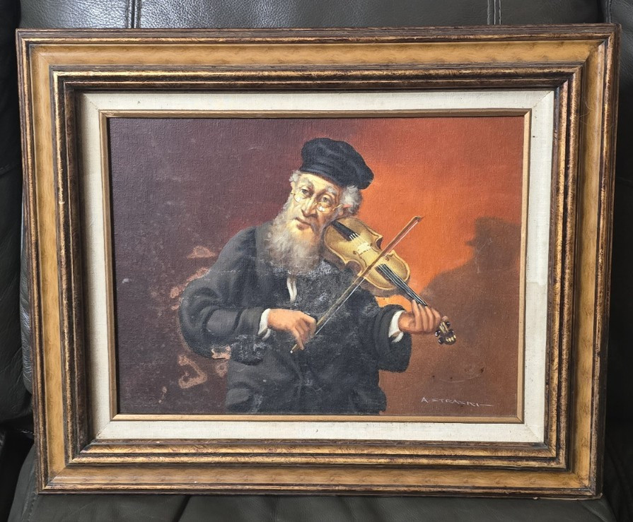 Abraham Straski Painting Jewish Man Playing Fiddle Oil on Canvas Signed Judaica