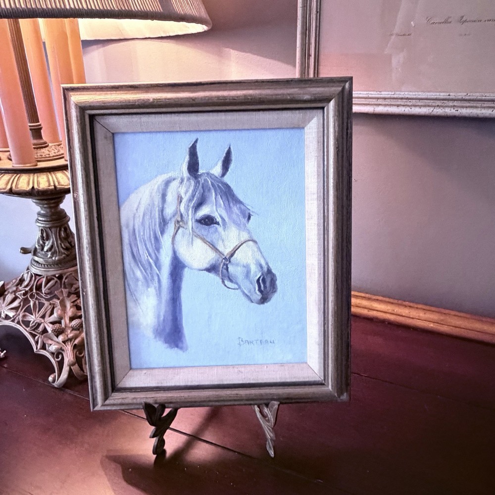 Vintage Painting White Horse On Blue Signed Wood Linen Frame 12″×10″