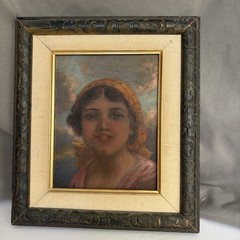 Vtg Oil Painting Portrait Woman Head Scarf Small Ornate Wood Frame