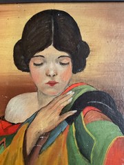 Vintage 1940s woman portrait original oil painting lady colorful framed art