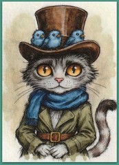 ACEO 2.5×3.5 watercolor painting – cat kitten bird hat cute cozy tale
