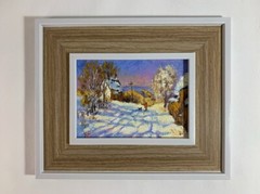 original oil painting,snow art,winter village Landscape.Scene with children