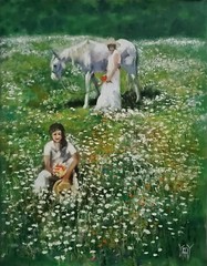 YARY DLUHOS Women Horse Wildflower Field Girl Figure Original Art Oil Painting
