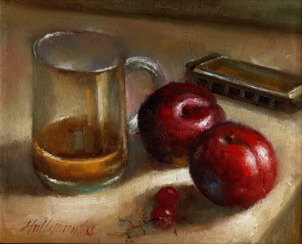 Plums with Harmonica and Coffee 8×10 in. Original Oil on canvas HALL GROAT II