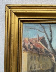 Einar Olsen Impressionist Oil Painting, Framed 1930 Street Scene Old Town
