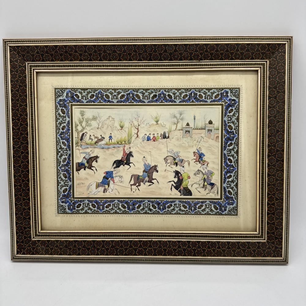 Persian MCM Painted Art – Polo Match In Micro Wood Inlaid Frame 11.5” X 14”