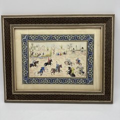 Persian MCM Painted Art – Polo Match In Micro Wood Inlaid Frame 11.5” X 14”