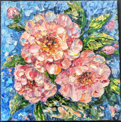 ORIGINAL OIL Painting „PEONY PINK FLOWERS“ impasto 8″x8″ by Olga Diduh.