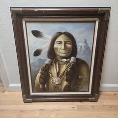 S. Garcia Original Oil Canvas Painting Framed 31×26″ Native American Portrait