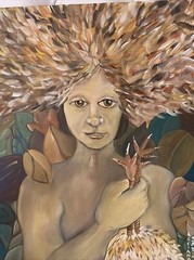 Vntg Folk Art Portrait Woman Holding Chicken Legs 23” X 18” Acrylic On Wood