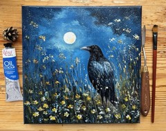 Raven Original Oil Painting Black Crow painting Crow Wall Art Bird Impasto Art